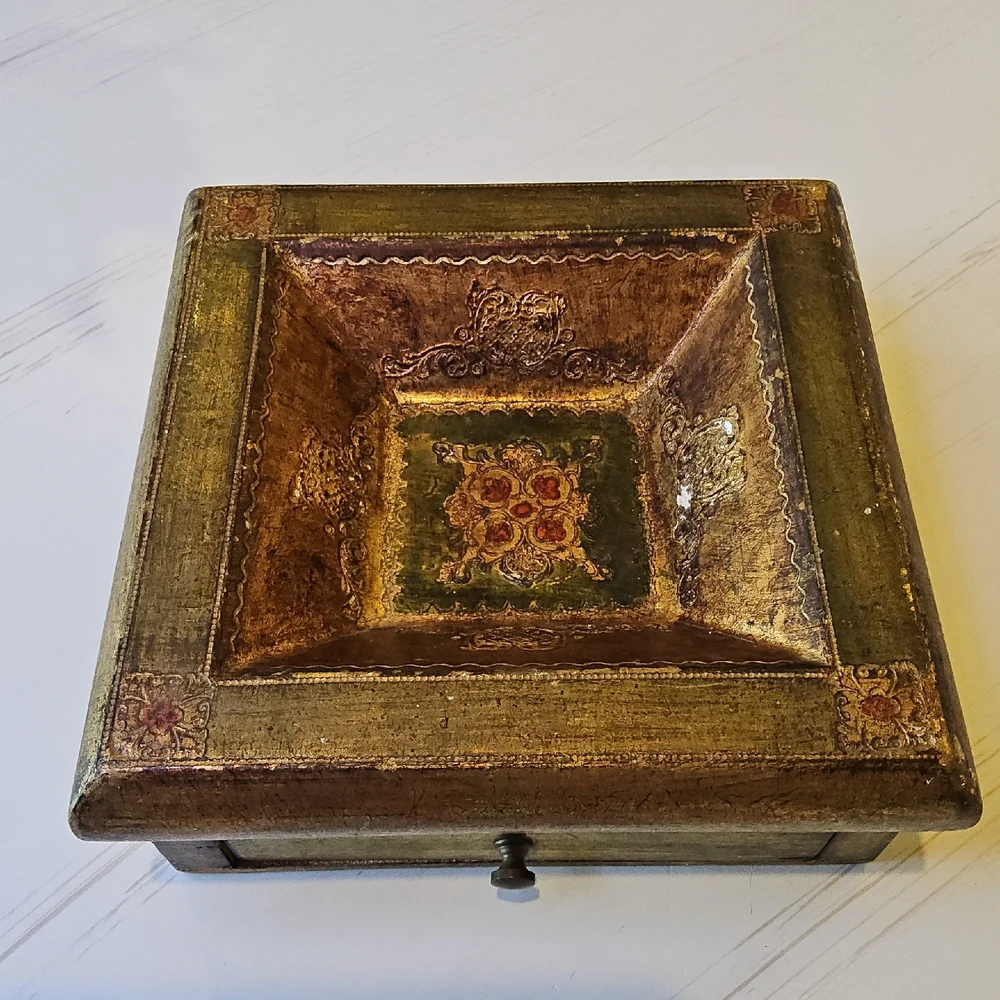 Vintage Florentia Decorative Wooden Box with Green and Gold Accents Italy